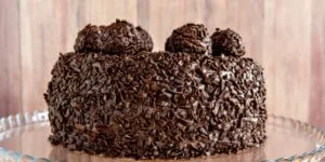 Brigadeirão de Chocolate cremoso decorado com granulado, servido em prato branco