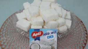 Maria mole de caixinha apti cortada em pedaços com coco ralado