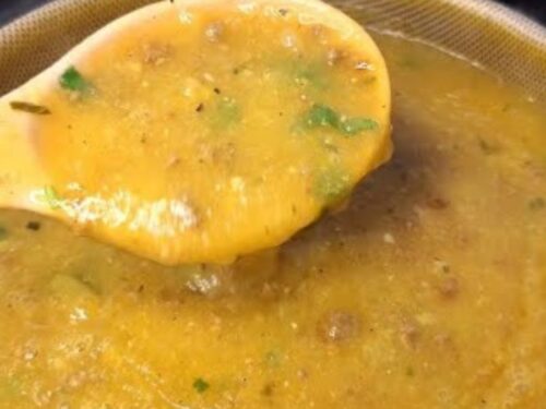 Caldo de Carne Moída com Mandioca e Batata