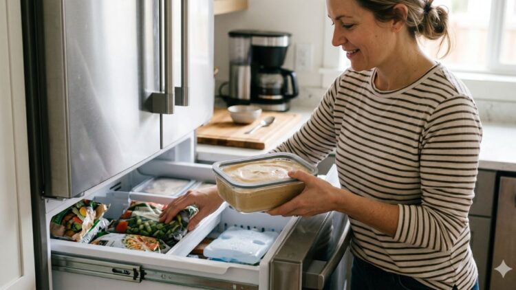Pote de café cremoso sendo guardado no freezer para conservação