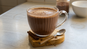 Caneca de cappuccino de chocolate caseiro com muita espuma, decorada com raspas de chocolate por cima.