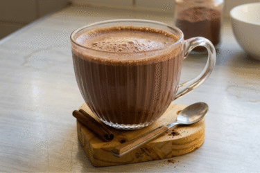 Caneca de cappuccino de chocolate caseiro com muita espuma, decorada com raspas de chocolate por cima.