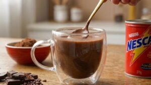 Caneca de porcelana com chocolate quente cremoso e denso, polvilhado com cacau em pó e canela em pau ao lado.