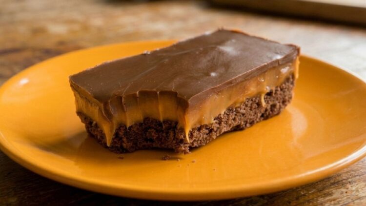 Quadrados da torta de manteiga escocesa do Pica-Pau, mostrando a base de chocolate, o recheio de caramelo espesso e o topo de chocolate ao leite brilhante.