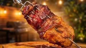 Peça de fraldinha assada no espeto sendo fatiada, mostrando a casquinha de gordura dourada e o interior rosado e suculento da carne. fraldinha no espeto