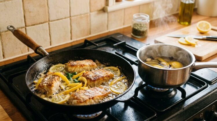 Filés de peixe fritando em uma frigideira com cascas de limão no óleo