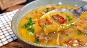 Tigela cheia de caldo de mandioca com bacon e calabresa fumegante, decorada com cheiro-verde picadinho por cima.
