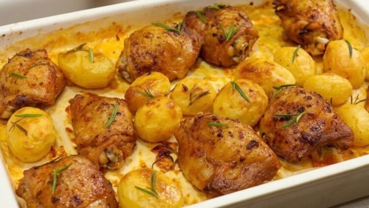 Assadeira com sobrecoxa de frango assada no forno com pele crocante e dourada, acompanhadas de batatas coradas e alecrim.