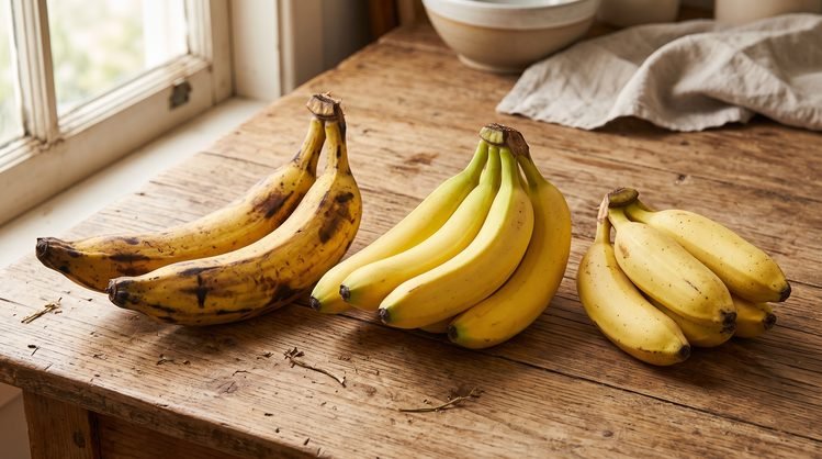 Variedades de banana nanica, prata ou da terra dispostas sobre uma mesa de madeira