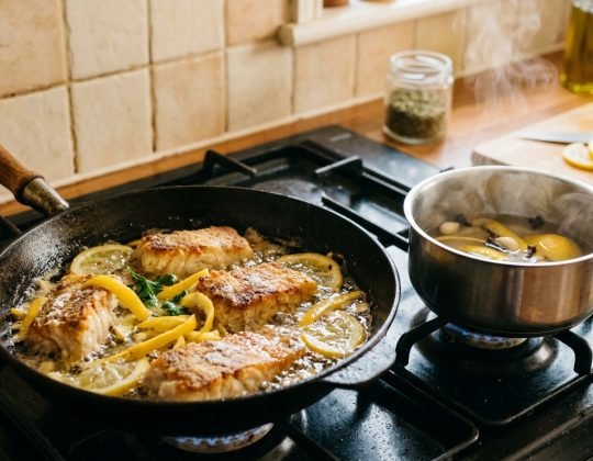 Como fritar peixe sem deixar cheiro de gordura na casa Filés de peixe fritando em uma frigideira com cascas de limão no óleo