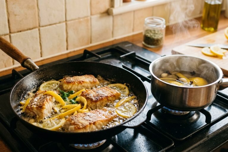 Como fritar peixe sem deixar cheiro de gordura na casa Filés de peixe fritando em uma frigideira com cascas de limão no óleo