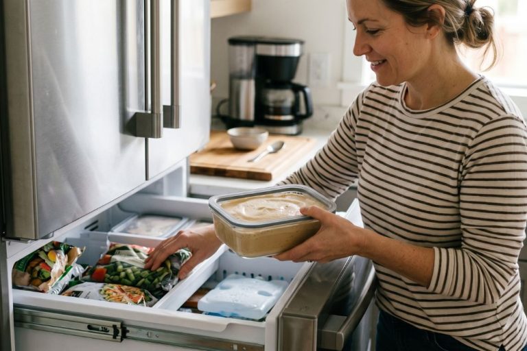 Pote de café cremoso sendo guardado no freezer para conservação