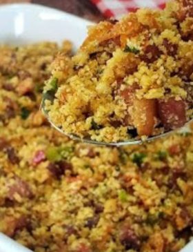 Farofa de calabresa e bacon crocante servida em tigela