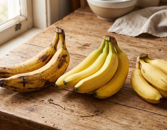 Qual a melhor banana para fazer doce e torta Variedades de banana nanica, prata ou da terra dispostas sobre uma mesa de madeira