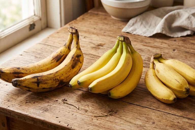 Qual a melhor banana para fazer doce e torta Variedades de banana nanica, prata ou da terra dispostas sobre uma mesa de madeira