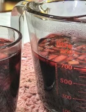 Vinho quente servido em copo, com canela e cravo.